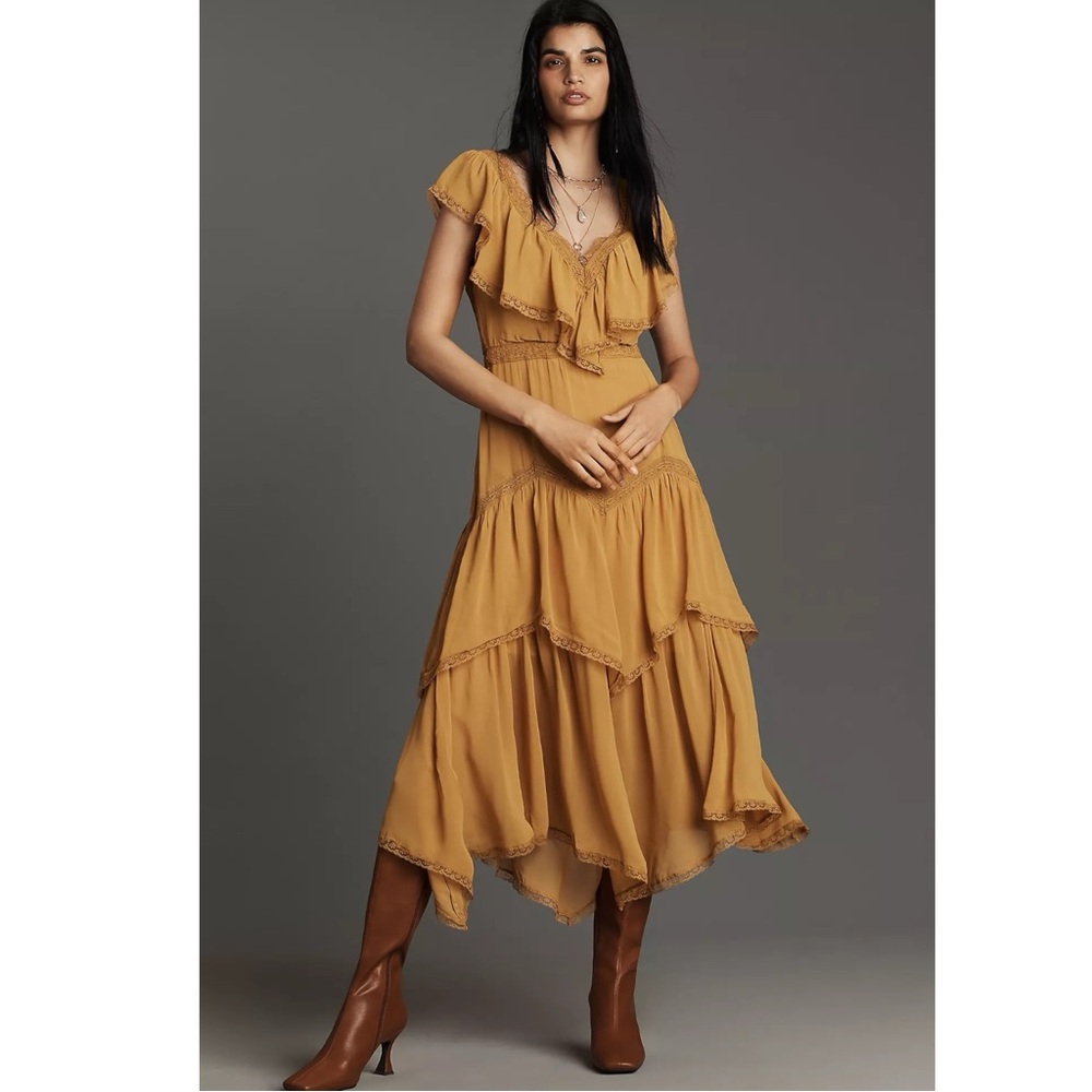 Anthropologie Ethereal Western Lace Short Sleeve V Neck Ruffle Midi Dress XL